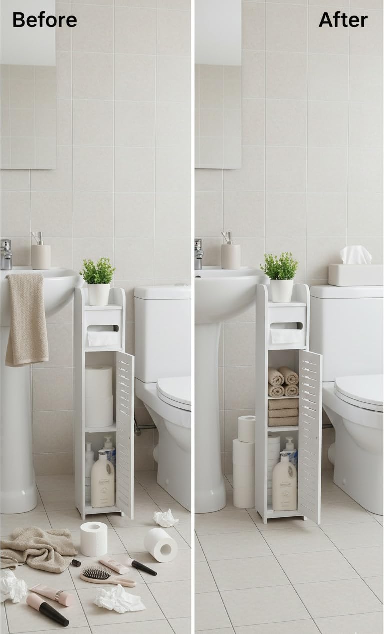 Bdit Porta Oggetti da Bagno Slim Salvaspazio con Apertura Push to Open – Mobile Bagno Verticale Bianco 79x15x15 cm, Armadietto Porta Carta Igienica, Detergenti e Accessori, Resistente all’Umidità