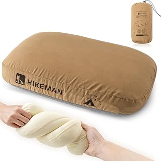 HIKEMAN Memory Foam Camping Pillow - Ultralight Travel & Backpacking Pillow with Removable Cover, Ergonomic Neck Lumbar Support (Brown)