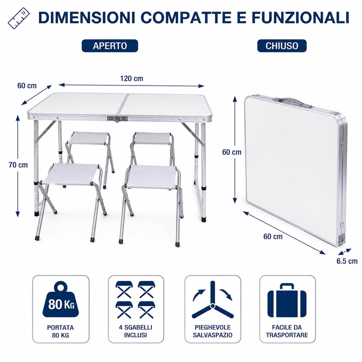 Generico Tavolo Pieghevole da Campeggio con 4 Sgabelli Inclusi, Tavolo Picnic Portatile Richiudibile con Altezza Regolabile 55/62/70 cm, Tavolo da Giardino Campeggio Pesca BBQ Escursioni 120x60 cm