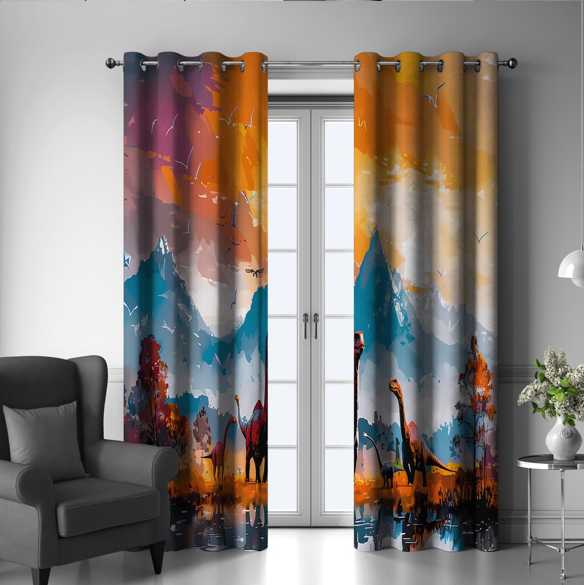 Rideaux occultants en Forme d’Aquarelle en Forme Dinosaure Style Peinture à l’Huile Silhouette d’Animaux Rideaux esthétiques Teinte Turquoise et Orange Rideaux décor 2 Panneaux (W140xL200cm chacun)
