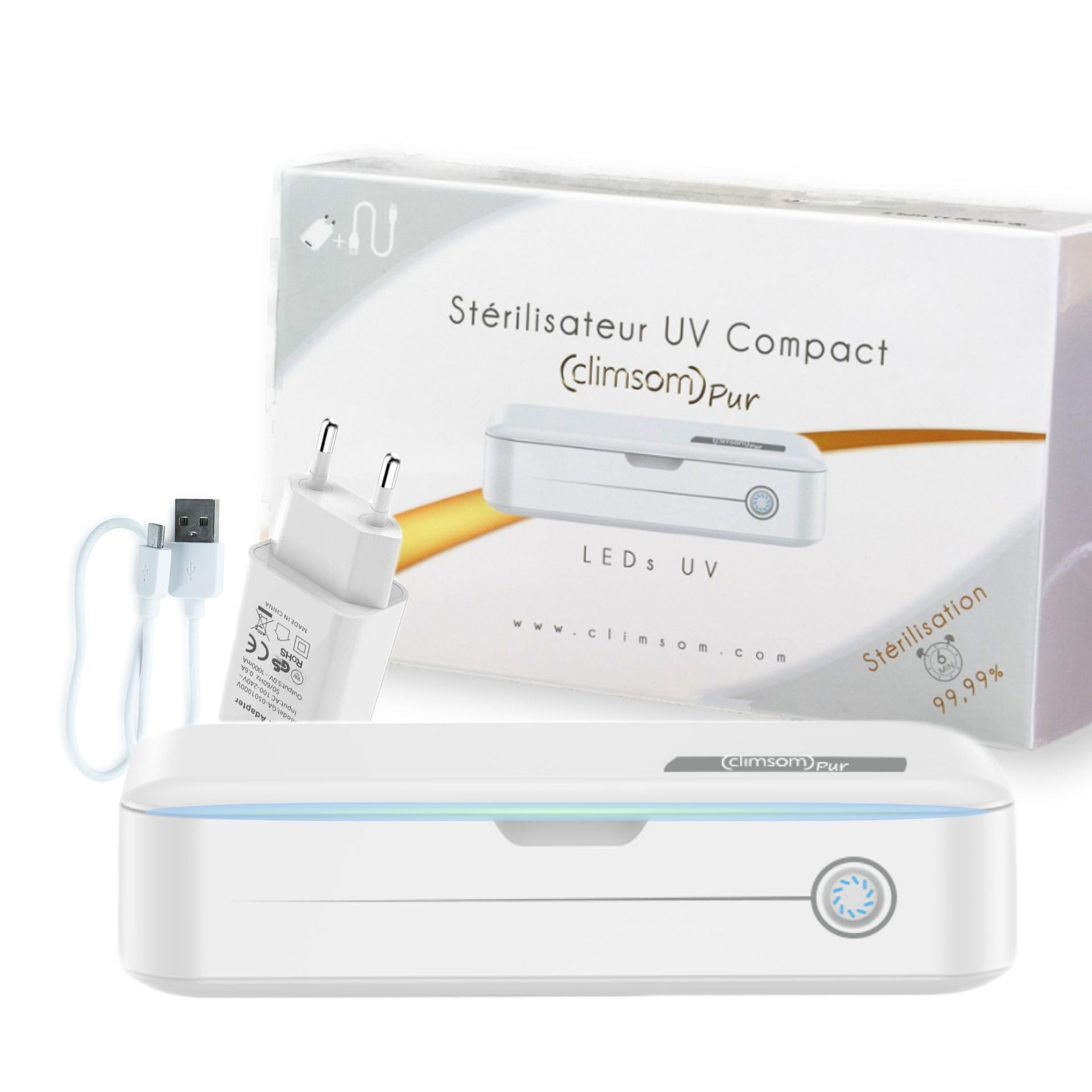 CLIMSOM Stérilisateur UV Compact pour Objets du Quotidien et Matériel Coiffure et Esthétique – Désinfection jusqu'à 99,99% en 6 min – Nettoyeur UV LED avec Adaptateur Secteur et Câble USB Inclus – CE