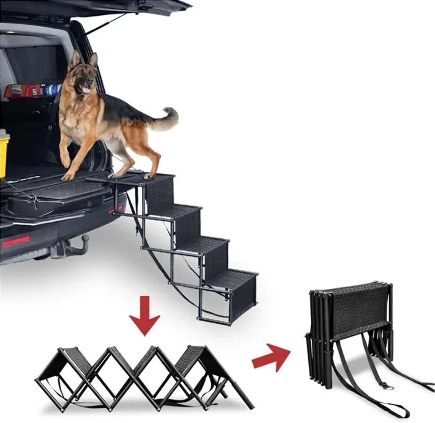 4 Step Portable Folding Dog Ramp for Car SUV Truck, Anti-Slip Die-Cast Metal Pet Ramp Steps with Strap