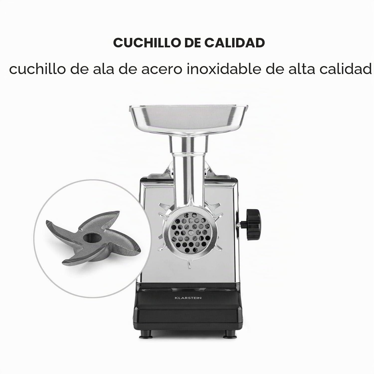 Klarstein Kraftprotz Picadora - Picadora de carne eléctrica, 700 W de potencia, 2 velocidades, Marcha atrás, Cuchilla de acero inoxidable, Gran bandeja de aluminio, Set de accesorios, Negro