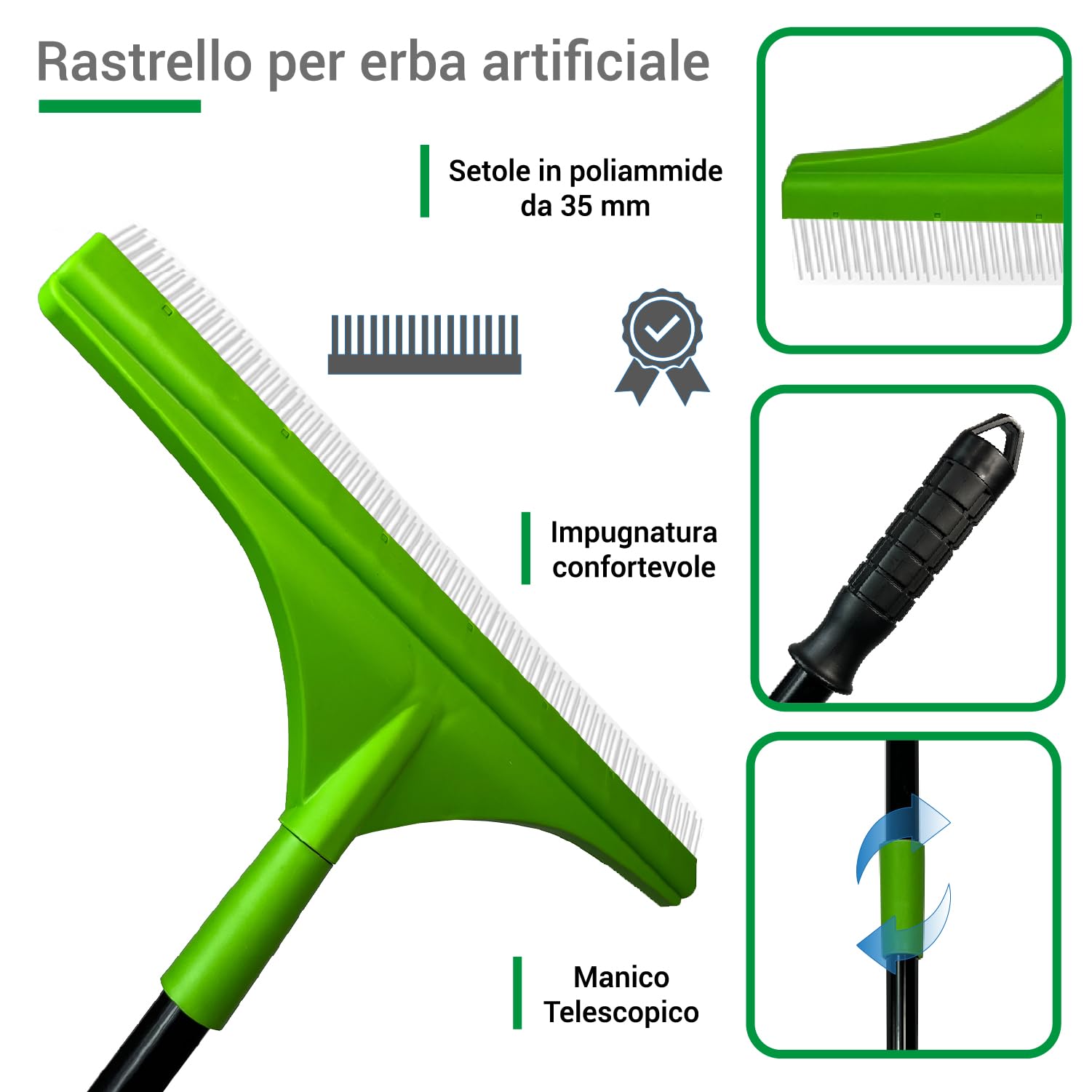 Crisalide® - Rastrello per Erba Artificiale Setole in Poliammide 35 mm, Doppia Fila, Asta Telescopica 80-130 cm, Larghezza 45 cm Manico Ergonomico in Gomma Per Pulizia e Cura di Prati Sintetici