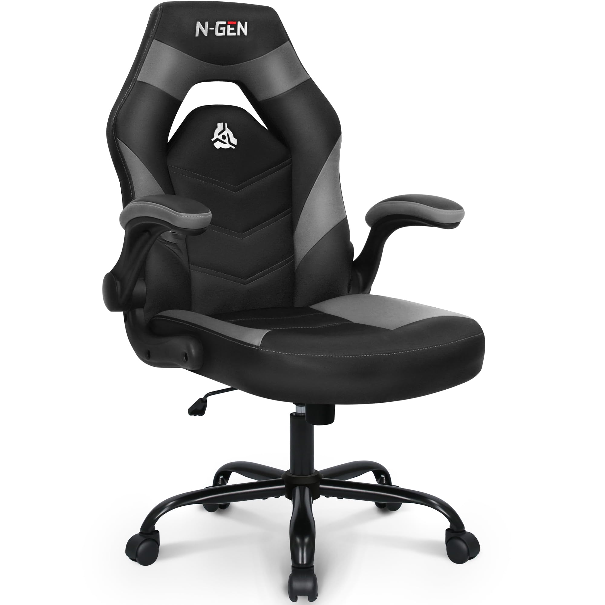 N-GEN Video Gaming Chair Ergonomic Computer Desk Office Chair with Lumbar Support Adjustable Height Swivel Wheels Flip-Up Arms PU Leather Home and Office (Grey)The Forest Stewardship Council
