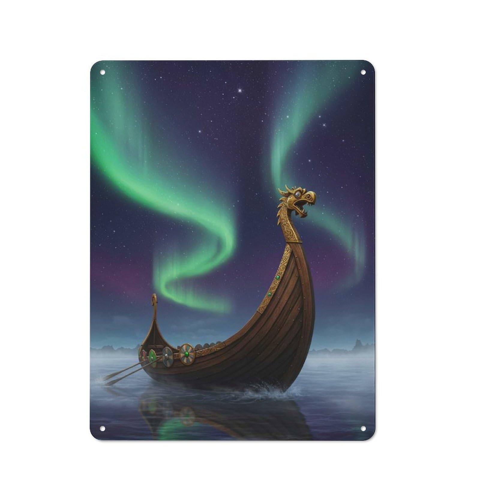 Vintage Cafe Metal Sign 40x30cm Featuring Viking Ship Under Aurora Borealis, Bistro Wall Plaque for Cafe, Bistro, Bakery Or Restaurant