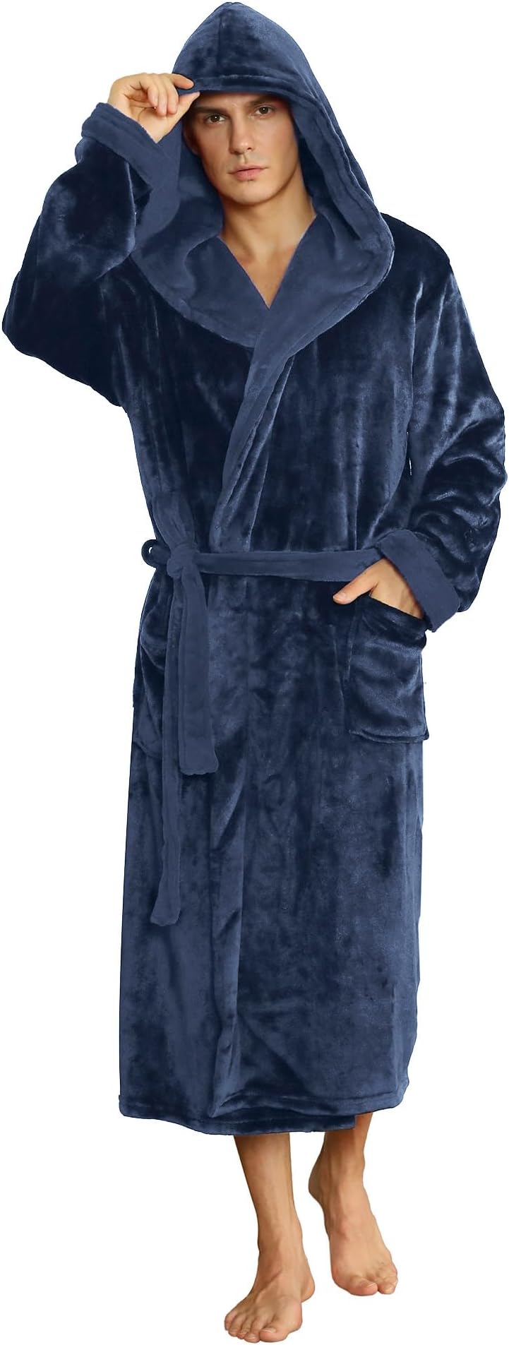U2SKIIN Mens Fleece Hooded Robe Plush Bathrobe (Navy Blue, S/M)