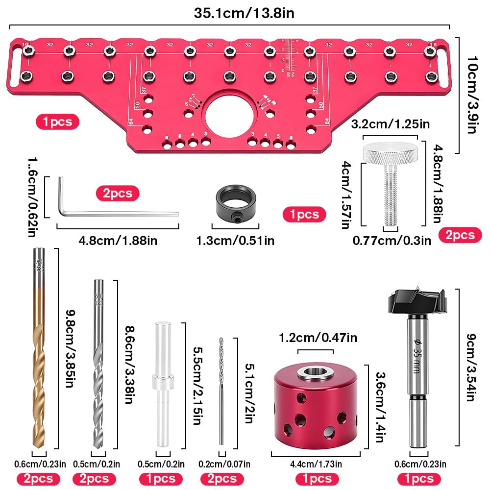 Lochreihen Bohrschablone, 2 in 1 Regalstiftvorrichtung und 35mm Scharniervorrichtung, Schablone Bohrführung mit 5mm 6.25mm Bohrlehre für Holzbearbeitung, DIY-Holzbearbeitungswerkzeug (Long)