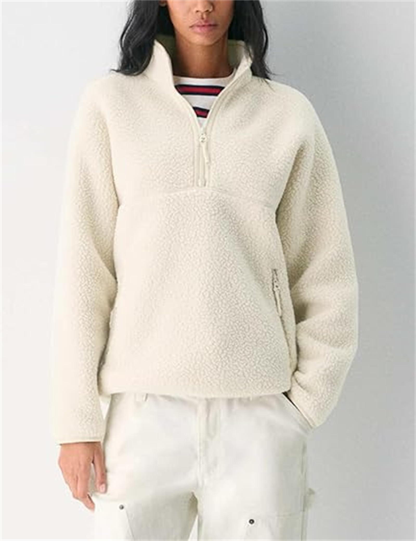 Damskie polarowe przycięte rozpinane bluzy z zamkiem do połowy, przycięte do połowy zamek błyskawiczny, puszysty, ciepły sweter Sherpa Varsity kurtki
