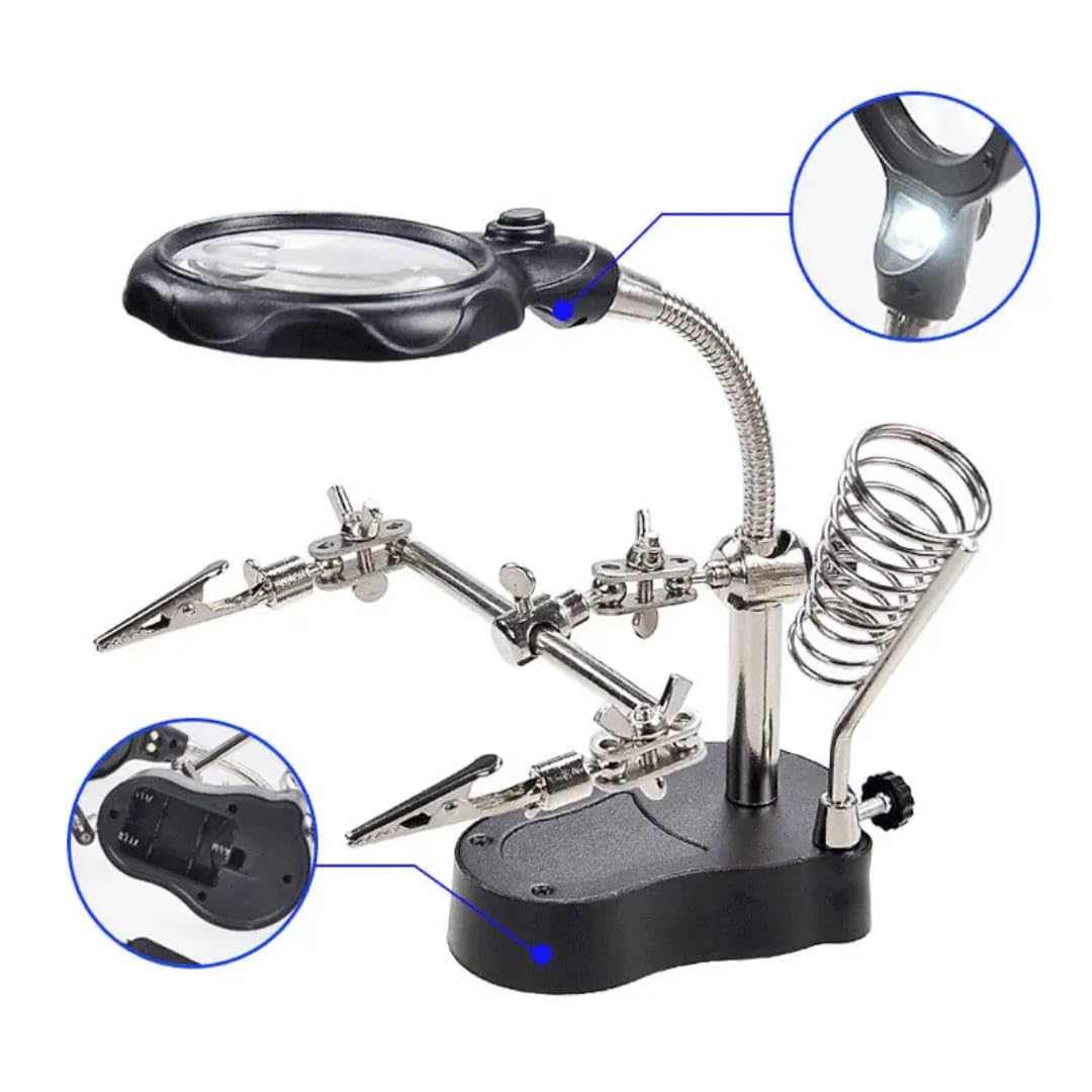 DKP Medicams 5in1 Helping Hand Magnifier Tool 3.5X & 12X with Soldering Iron Stand Adjustable Alligator Clip Clamps LED Magnifying Glass Len Workstation Light Battery Powered 2