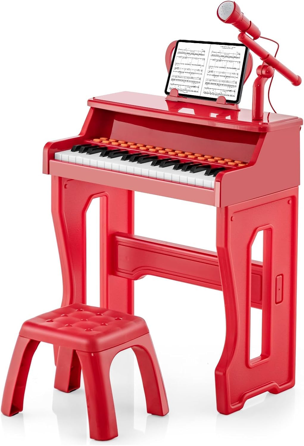 RELAX4LIFE Piano Infantil 37 Teclas con Micrófono Ajustable, Atril Extraíble, Taburete, Funciones de Grabación y Reproducción, 22 Canciones, 8 Ritmos, 8 Instrumentos y MP3 para Niños 3+ Años (Rojo)