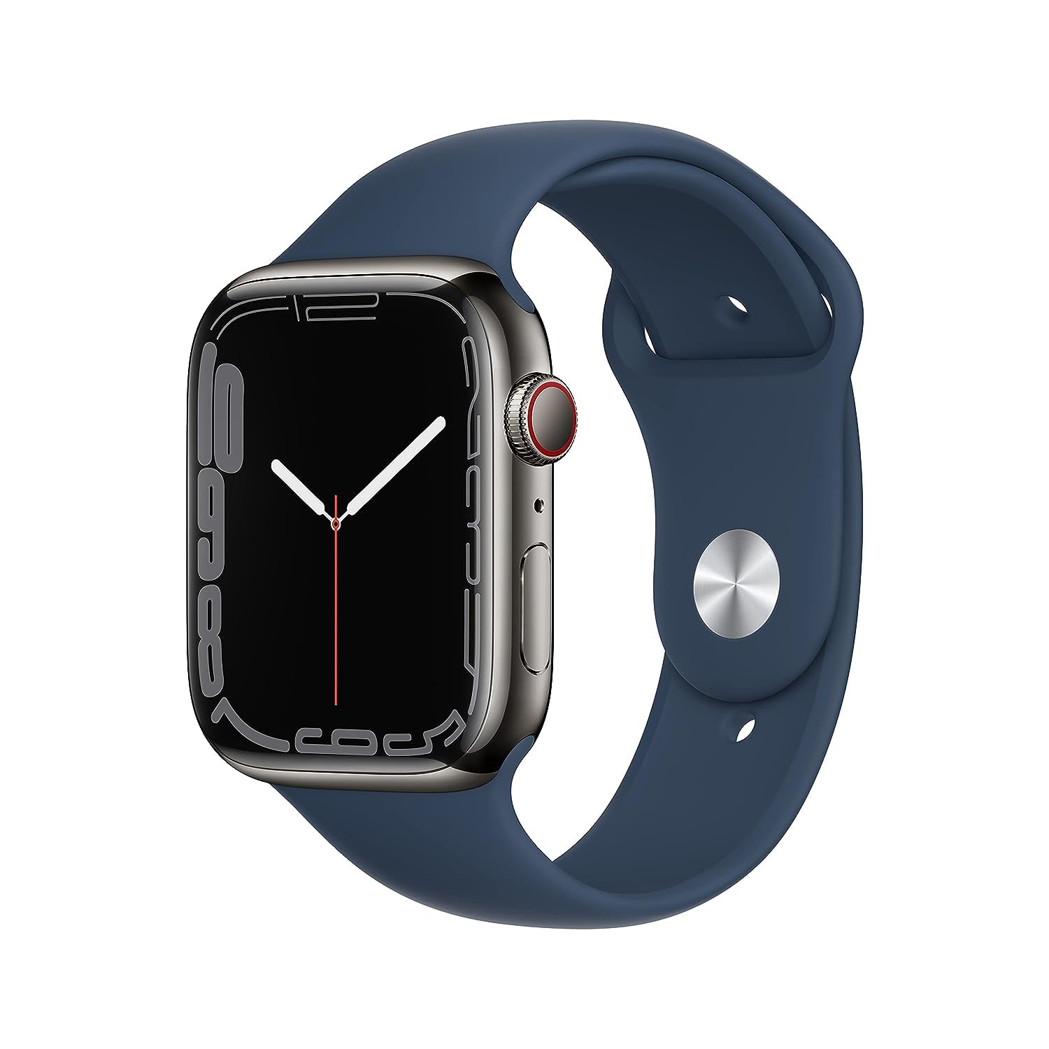 Apple Watch Series 7 (GPS + Cellular, 45mm) Smart watch - Graphite Stainless Steel Case with Abyss Blue Sport Band - Regular. Fitness Tracker, Blood Oxygen & ECG Apps, Water Resistant