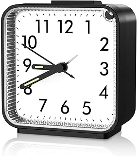 AMIR Analog Alarm Clock, Silent Non Ticking Small Clock, Travel Alarm Clock with Snooze & Light, Ascending Beep Sounds, Battery Operated Loud Alarm Clock for Bedroon, Bedside, Desk (Black)