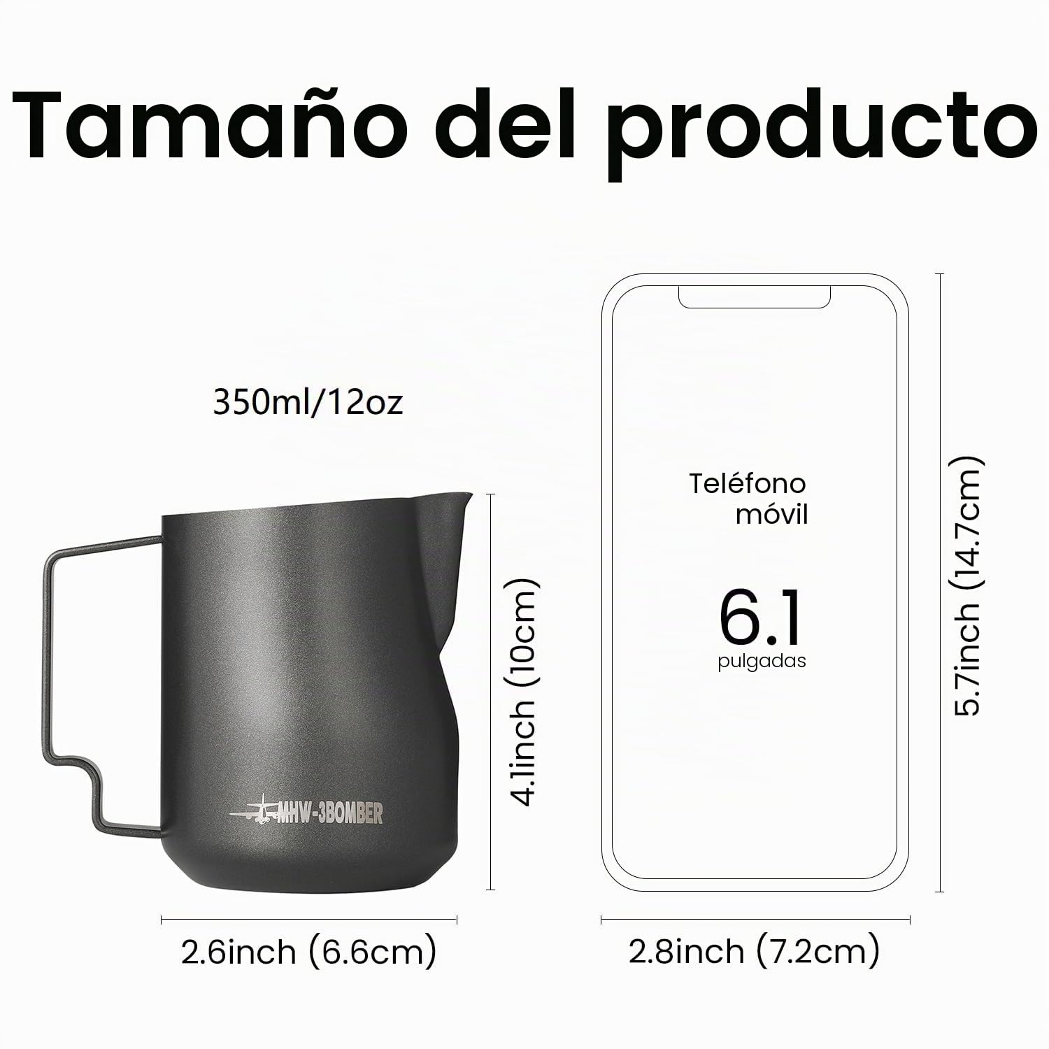 MHW-3BOMBER Jarra de leche espresso espumante al vapor, 350 ml, Turbo 304 de acero inoxidable con boquilla de águila, jarra barista, latte art (negro mate) P6007MB