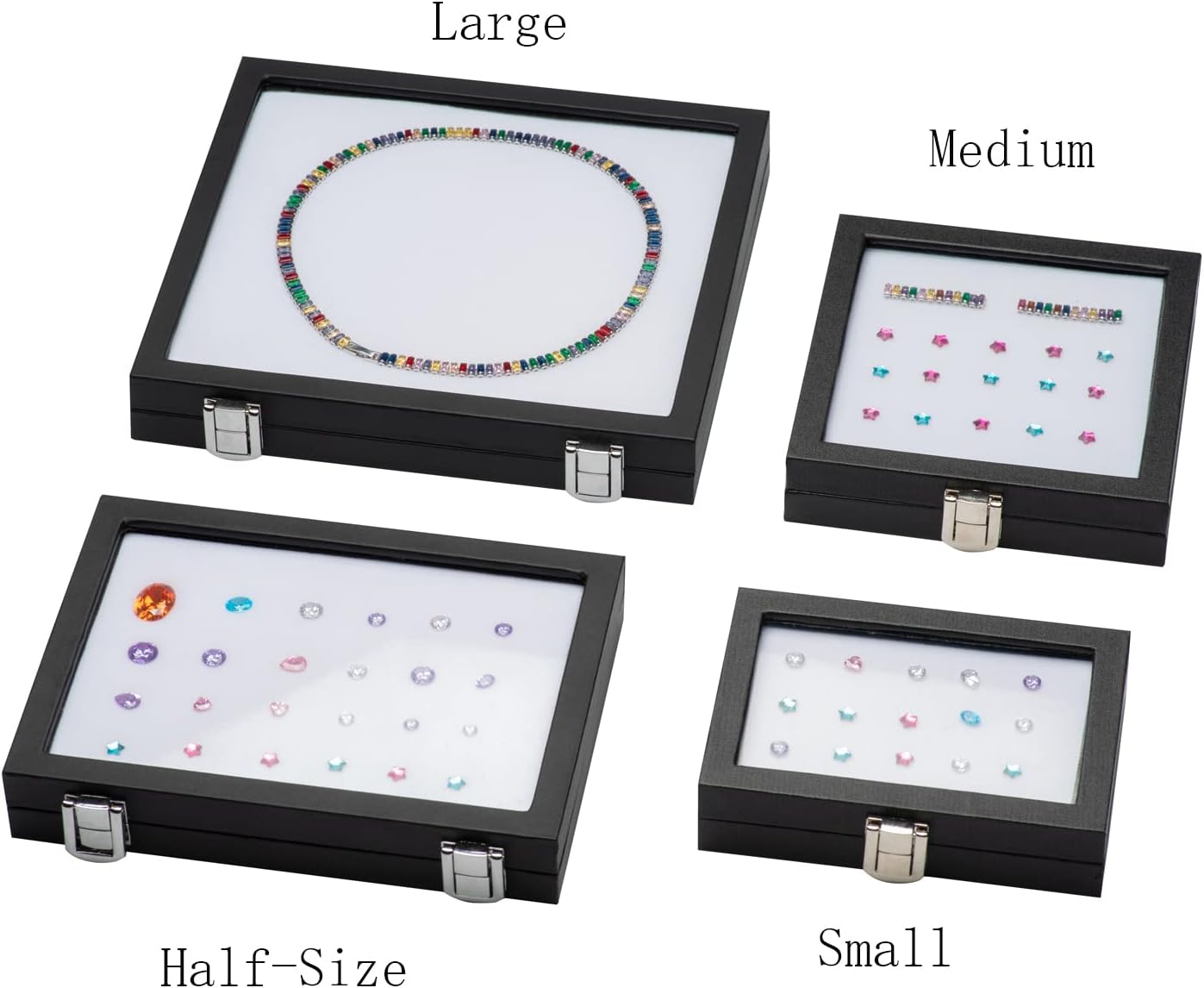 Jewelry Display Case Tempered Glass Top Lid Black Leatherette,Gemstone Display Case Jewelry Storage Box with Metal Clasp (Large)