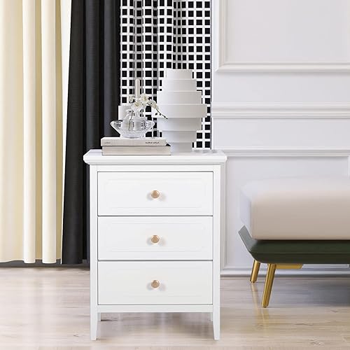 Miniatura 5 de Mesita de noche blanca de 3 cajones con mango dorado de 19 pulgadas, mesita de noche moderna para dormitorios