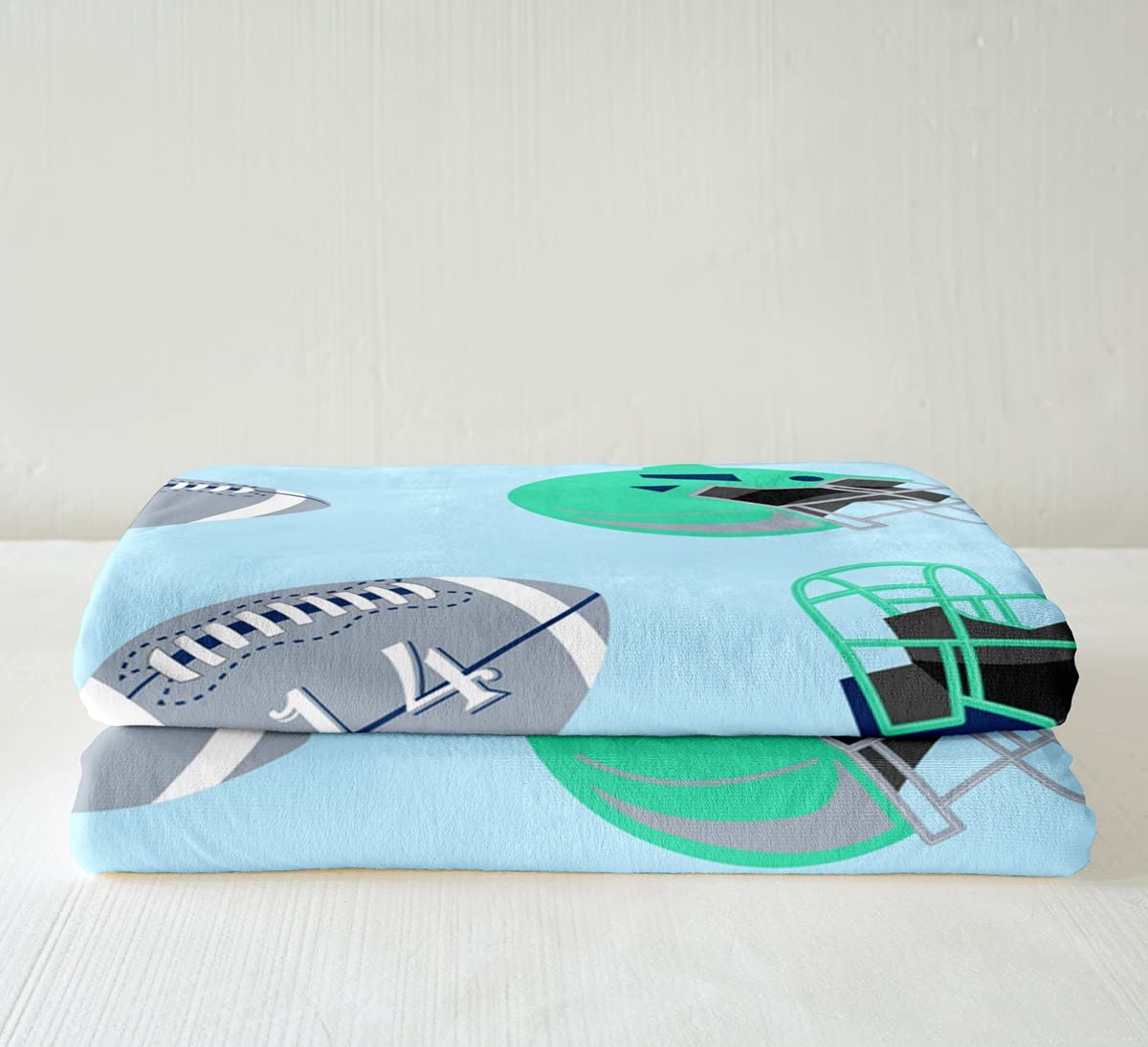 Coperta in pile Sherpa per ragazzi e ragazzi Football americano Helme Coperta sportiva a tema sfocata per divano letto, design verde, grigio, blu, 200 x 200 cm