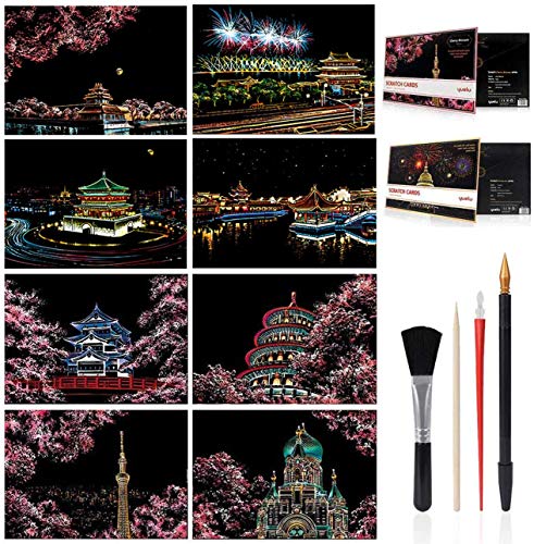 Scratch & Scratchboard Art Paper for Kids & Adults, Rainbow Painting Night View Creative Gift, 8 Sheets A4 Scratch Cards with 4pcs Scratch Drawing Tools