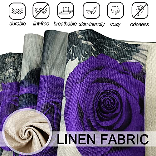 Okasion Set Of 4 18X18 Flower Throw Pillow Covers Purple Rose Couch Bed Decorative Pillow Covers Dark Purple Grey Black Floral Square Pillow Cases Purple Linen Farmhouse Pillow Cover (Purple Black) #TOP3