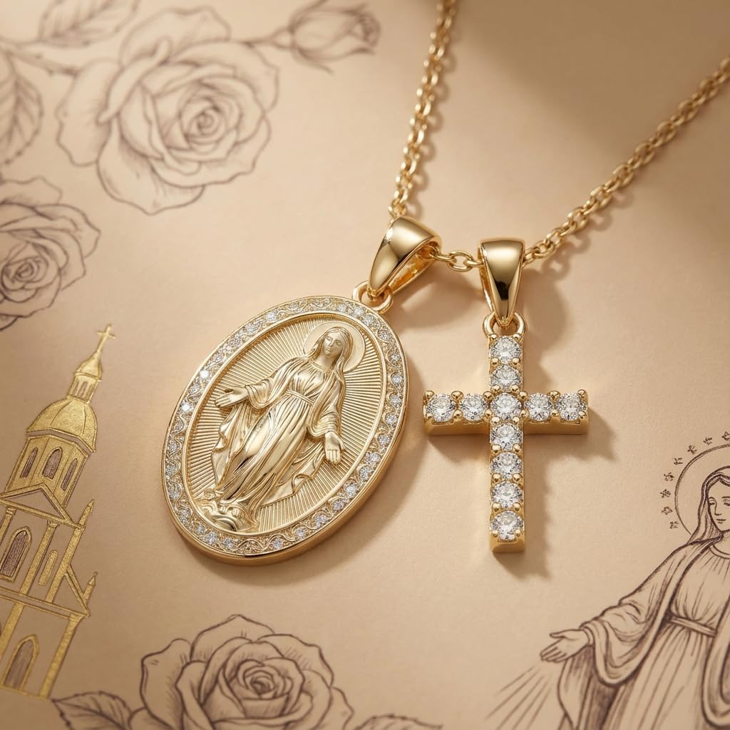 Two-Piece 14K Gold Plated Religious Necklace Set/Virgin Mary Medal and Diamond Cross Pendant S925 Sterling Silver Catholic Marian Devotion Baptism Gift for Women (Collar de la Virgen María)