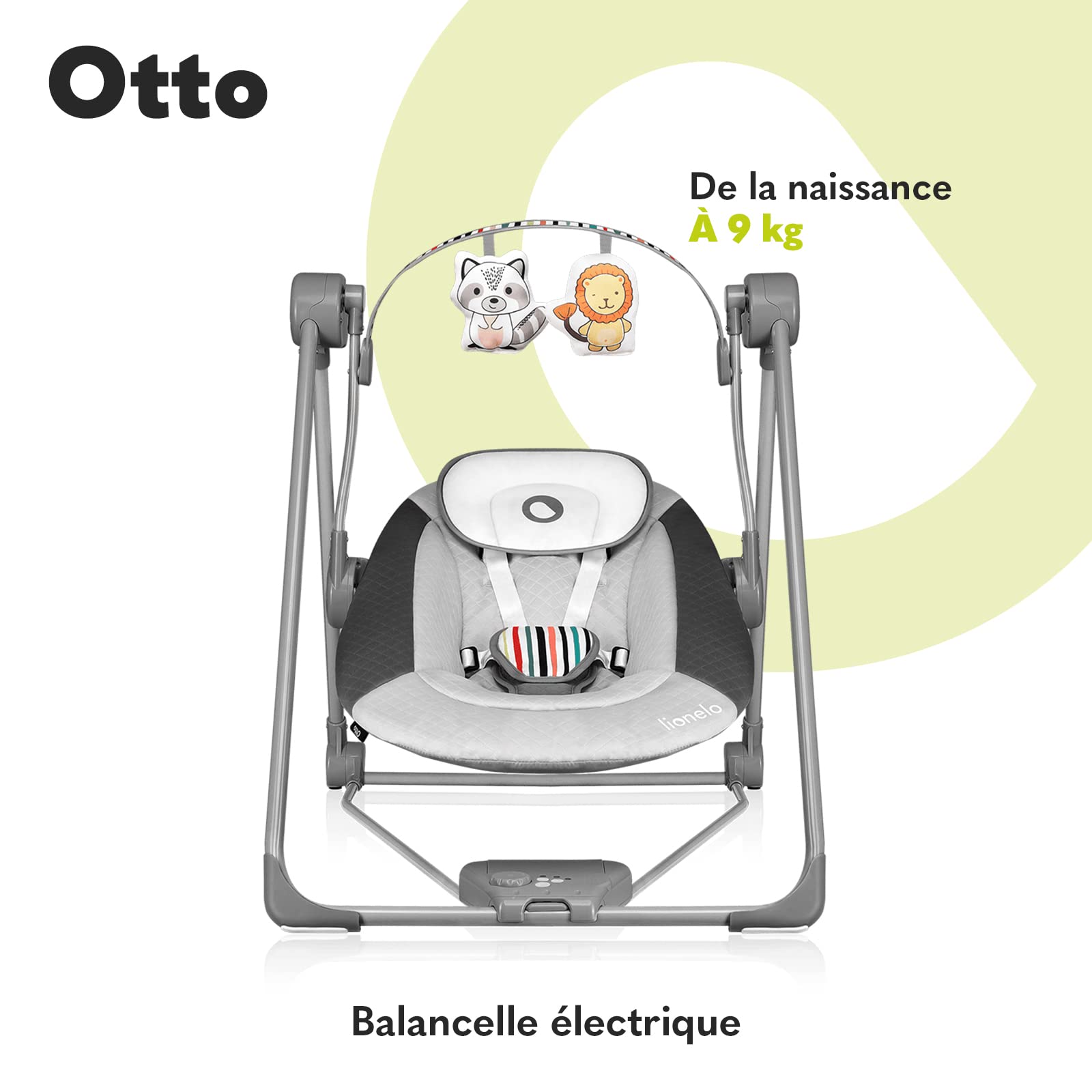 Lionelo OTTO Transat, Bebe Balancelle Bebe jusqu'à 9 kg, Jouets Interactifs | Sons de la Nature, 5 Vitesses de Bercement, Coussin pour la Tête, Fonctionnement Silencieux