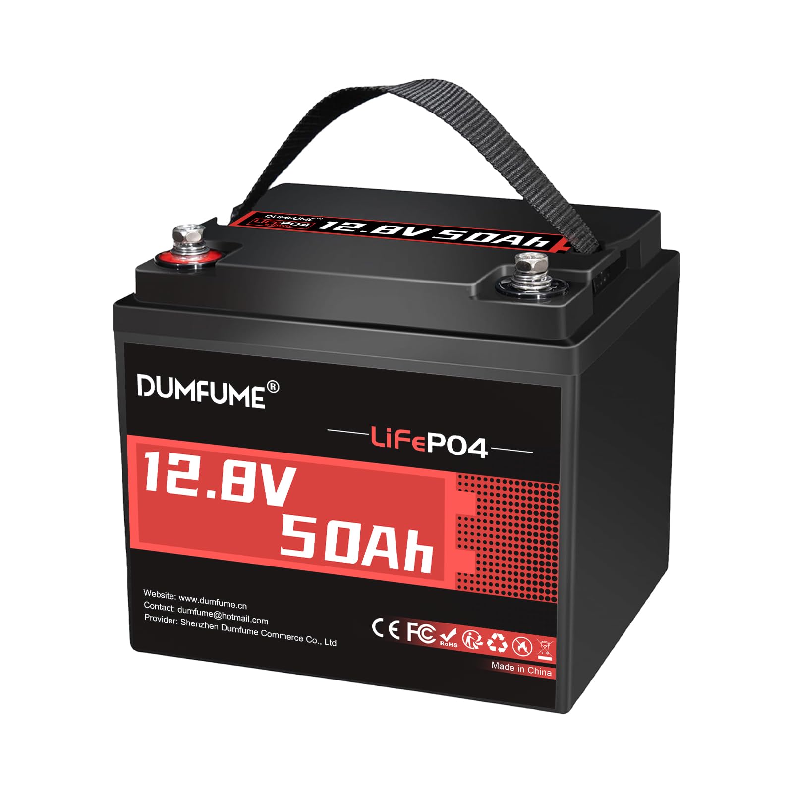 Front view of the Dumfume 12.8V 50Ah LiFePO4 Lithium Battery with carrying strap and terminals.
