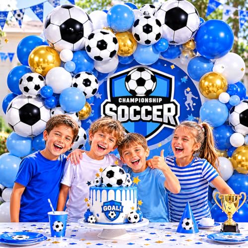 Image of Soccer Party Decorations 160Pcs, World Soccer Balloon Garland Arch Kit with 18'' Football Foil Balloons, Blue and White Football Print Balloons for Boys Sports Fan Birthday Soccer Party Decor