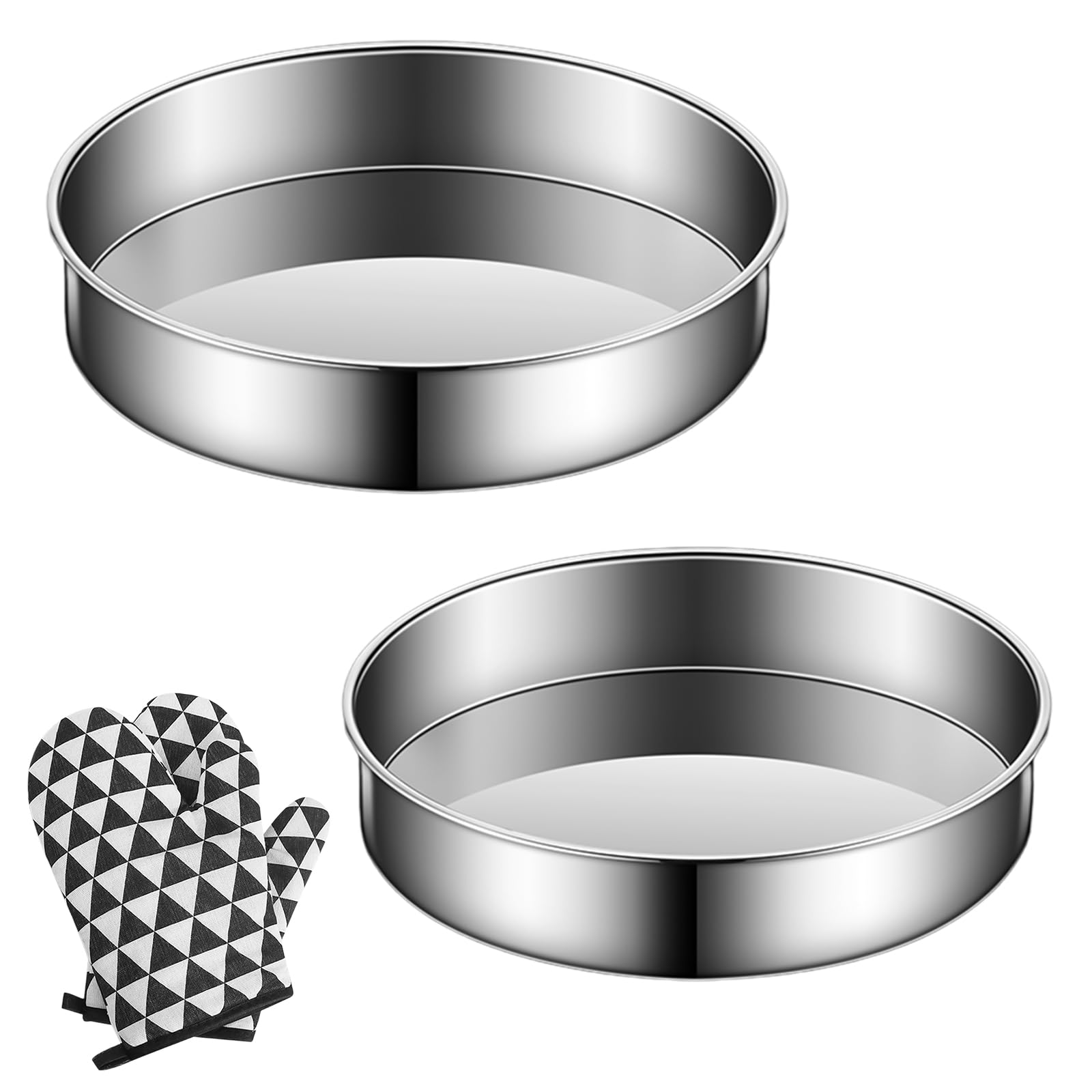 Moule Gateau, 2 Pièces Moule à Gateau Inoxydable, Moule à Manqué Rond, Moule à Genoise pour Layer Cake/Pizzas/Pain, Lavable au Lave-vaisselle - 20 et 22 cm, avec Une Paire de Gants Isolants Thermiques