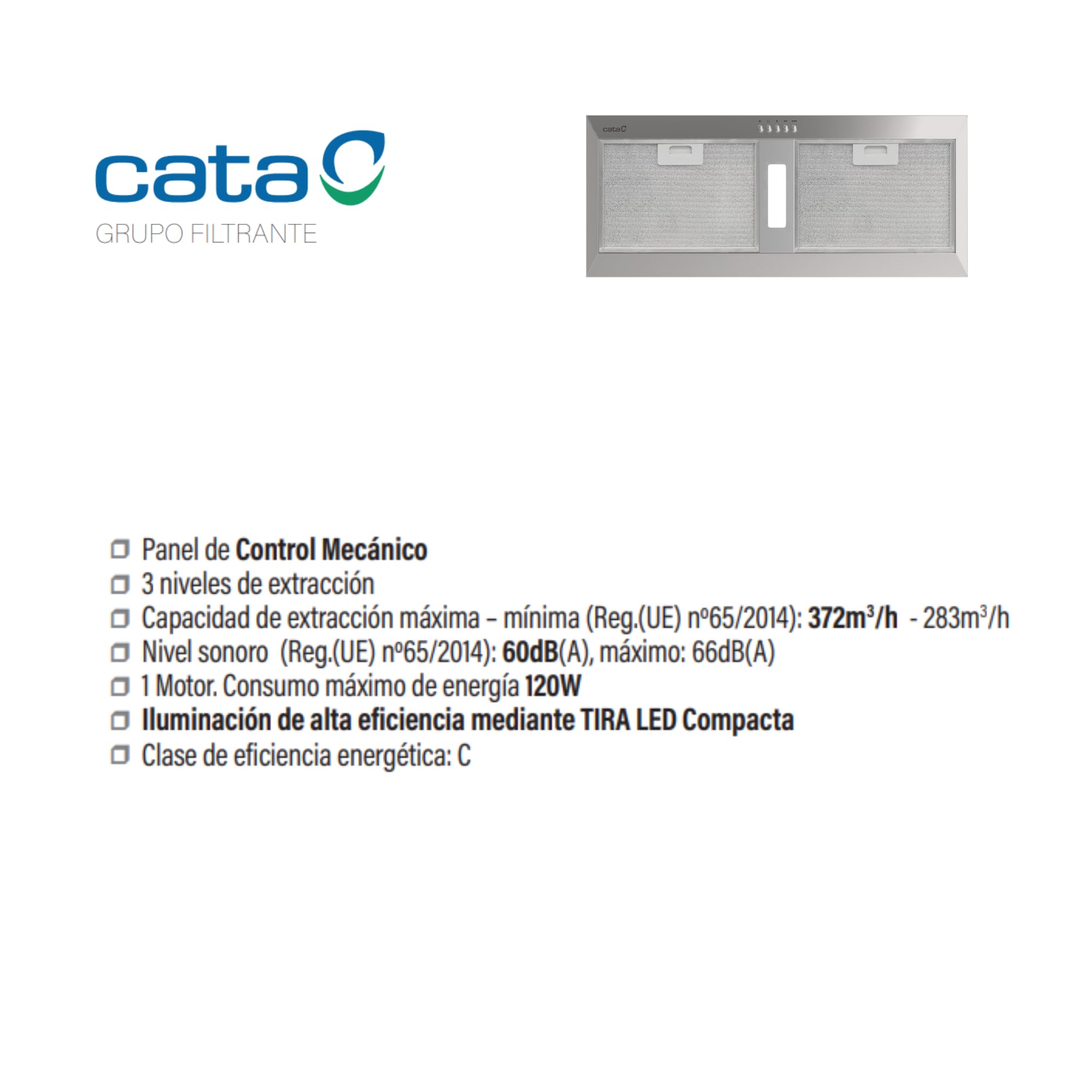 CATA Grupo Filtrante Integrable, 372 m³/h, 3 Velocidades, Control Mecánico, Motor de 120 W, Tira LED Compacta, Clase Energética C, Acero Inoxidable