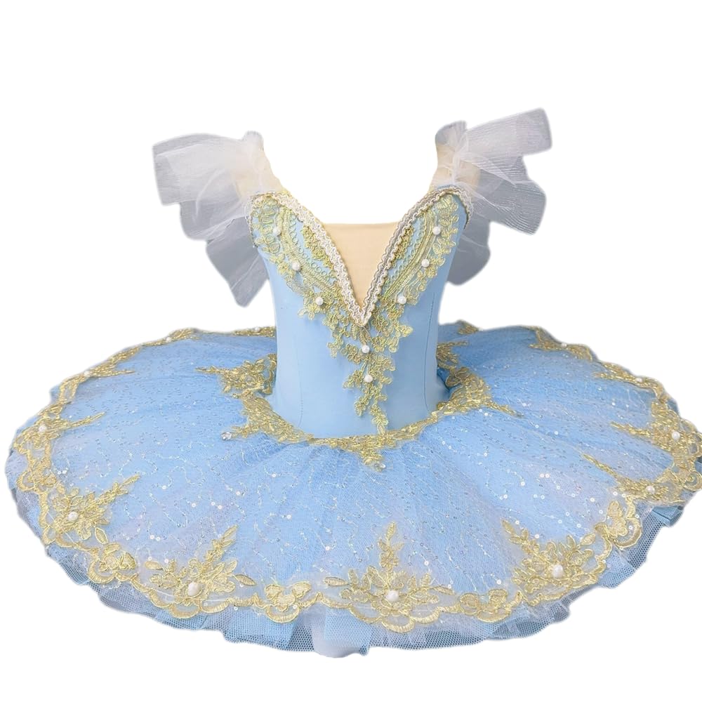 Filles Fleur Broderie Ballet Robe Enfants Manches À Volants Justaucorps De Danse avec Perle Tulle Jupe Ballerine Performance Costume pour Compétition Vêtements De Danse