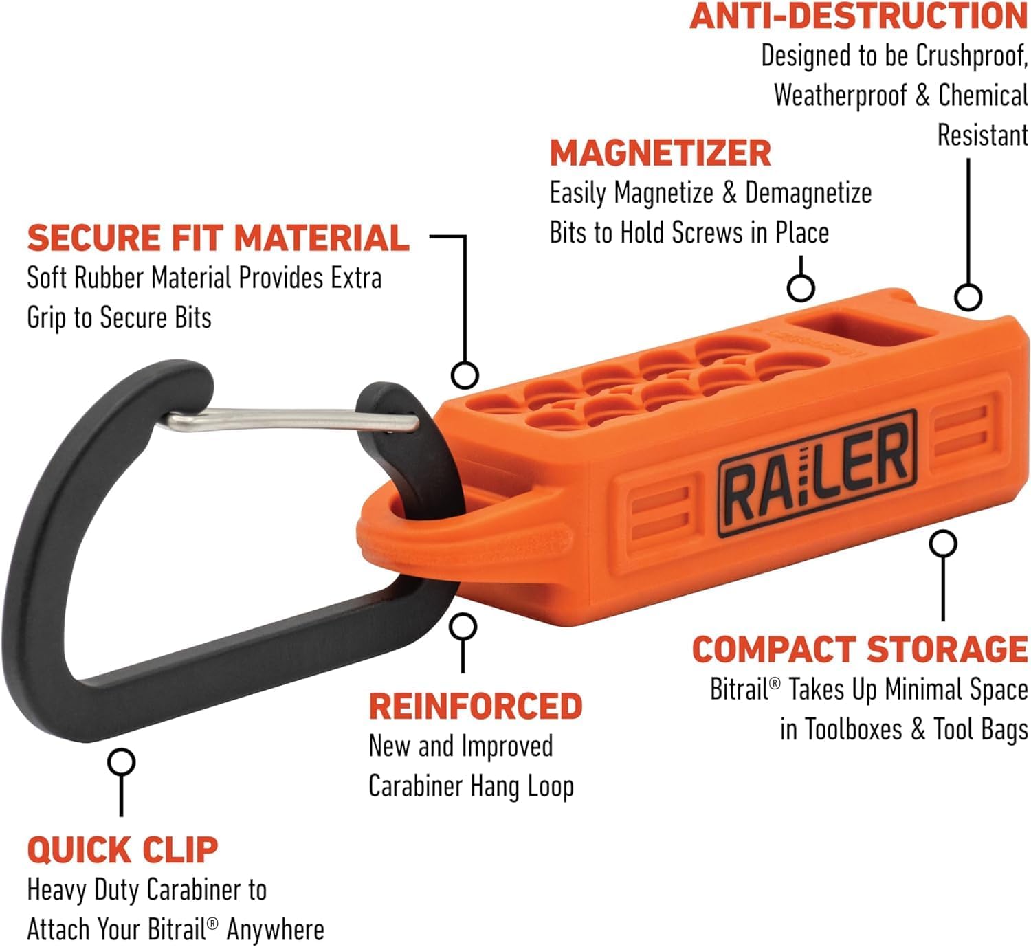 Railer Square Screwdriver Magnetizer Bit Set - Premium S2 Steel 3-1/2 Inch Square Impact Driver 10-Piece Bit Set With A Magnetizer Bit Holder & Carabiner