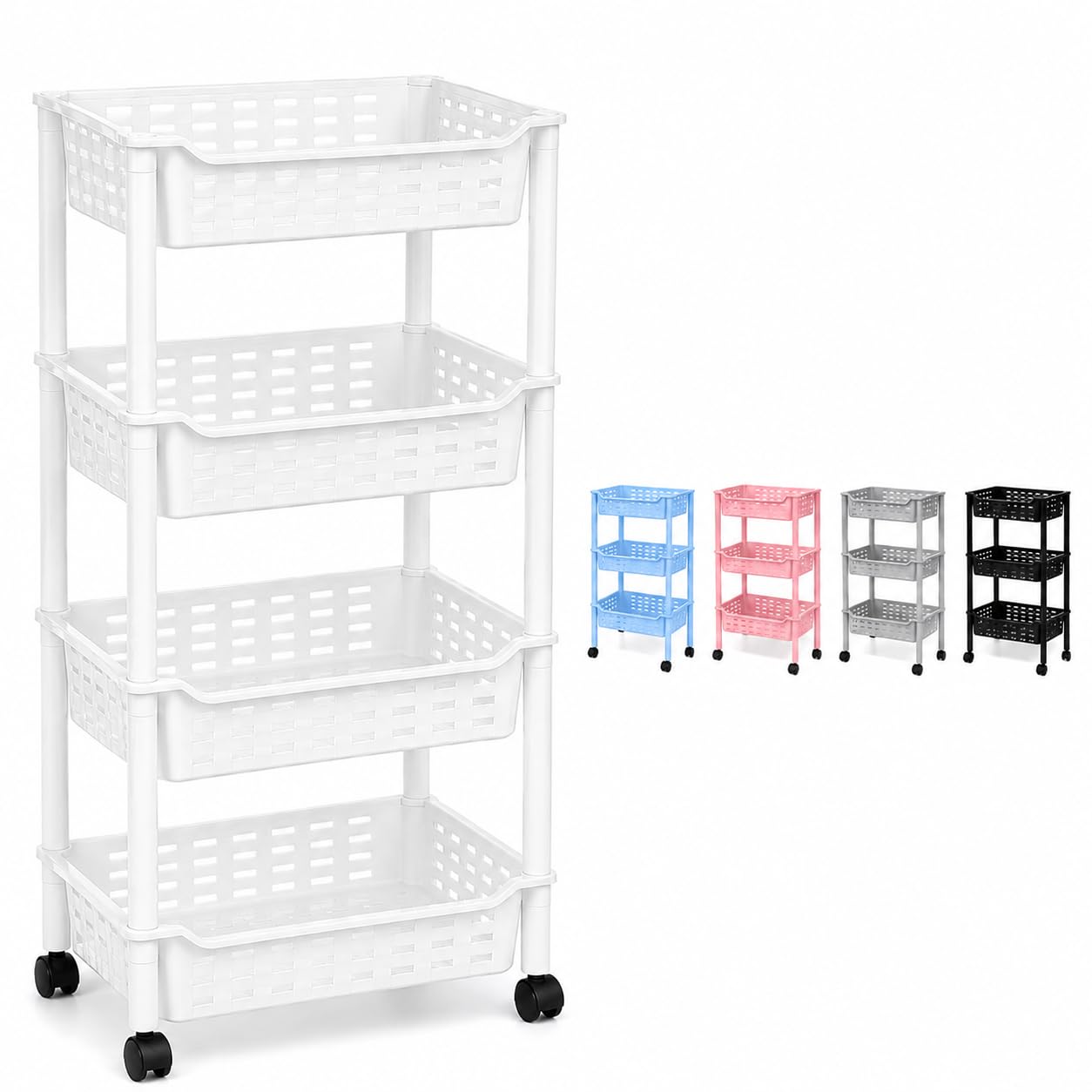 WHITE 4 Tier Rolling Storage Trolley with Wheels, Mobile Plastic Basket Organiser Cart, Multipurpose Slim Shelving Unit for Kitchen, Bathroom, Bedroom, Office and Laundry Room, Multiple Colours