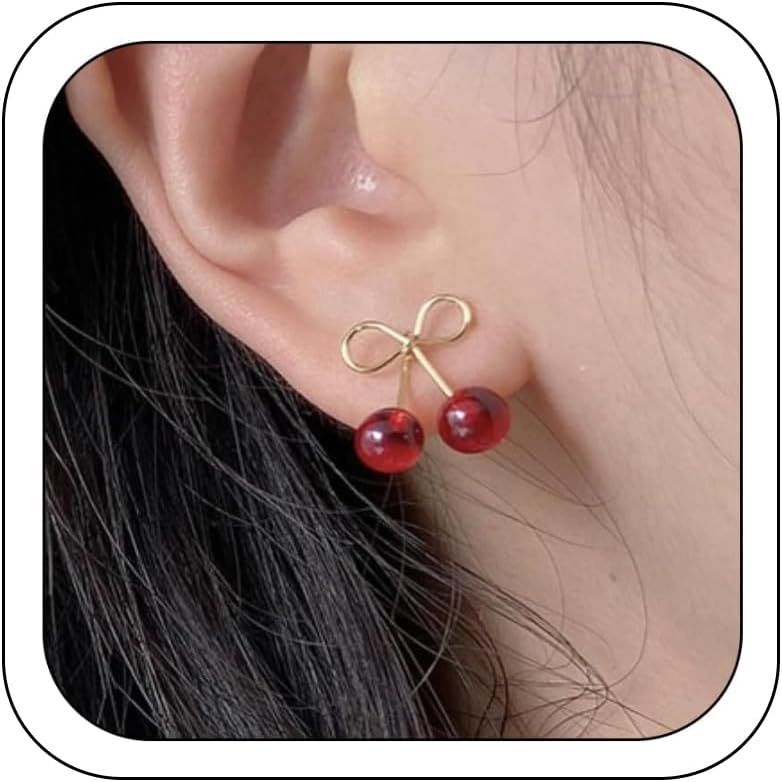 Trendy Red Cherry Bow Dangle Earrings for Women Sparkling Rhinestone Fruit Drop Studs Fashion Resin Jewelry Gift