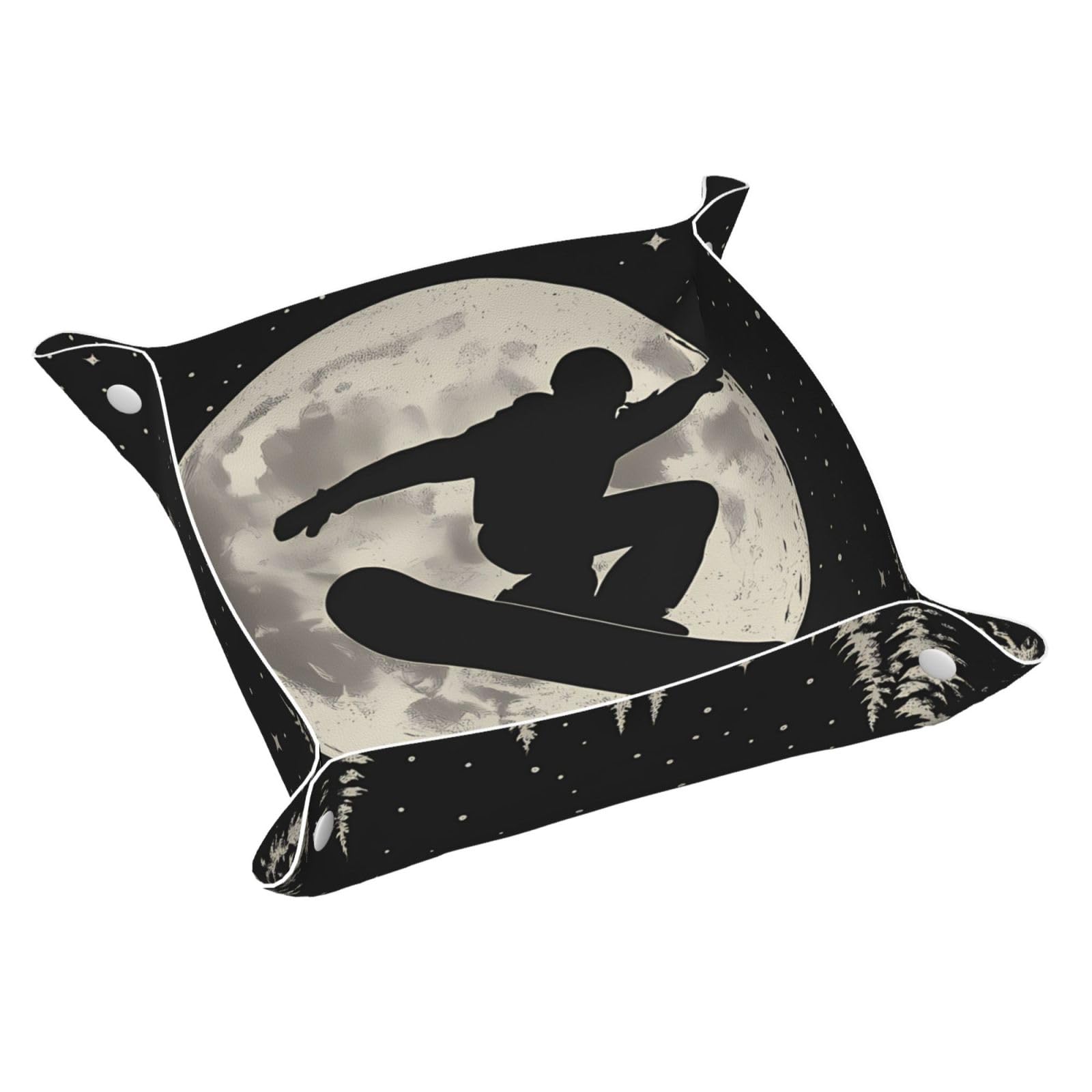 HLBSDM Moonlit Skier Skiing in Forest Tray Men's Leather Valet Parking Portable Entrance Trays Bedside Storage Box