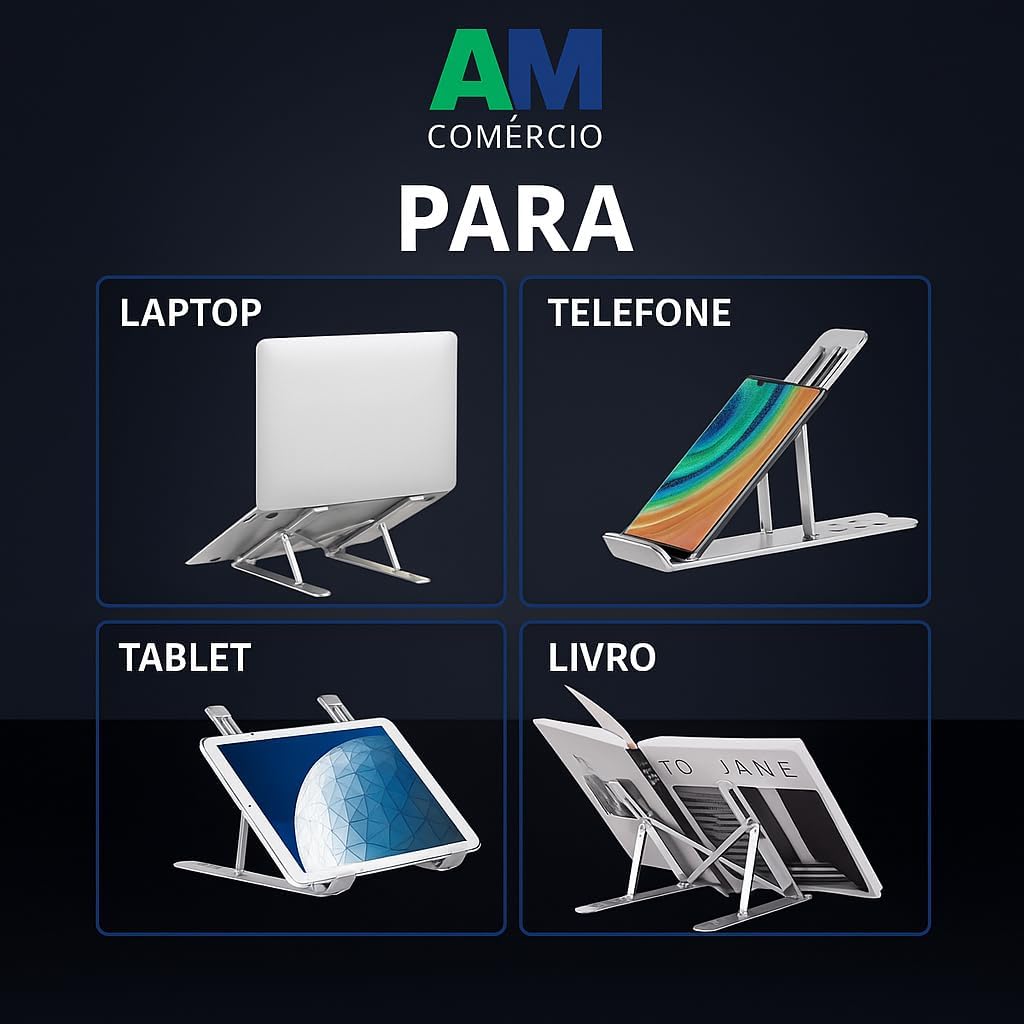 Suporte de Notebook em Alumínio Ajustável e Dobrável — Ergonômico com 6 Ângulos, Compatível com MacBook, HP, Dell, Lenovo e iPad de 10” a 17”