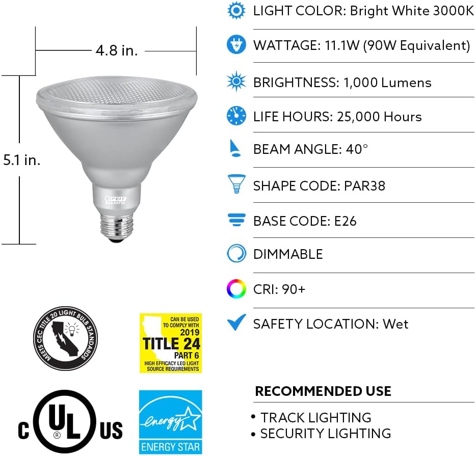 Feit Electric PAR38 LED Light Bulb, 90W Equivalent, Dimmable, 1000 Lumens, E26 Standard Base, 3000K Bright White, 90 CRI, LED Spotlight Bulb, Wet Rated, 22-Year Lifetime, PAR38DM/930CA/2/4, 8 Pack