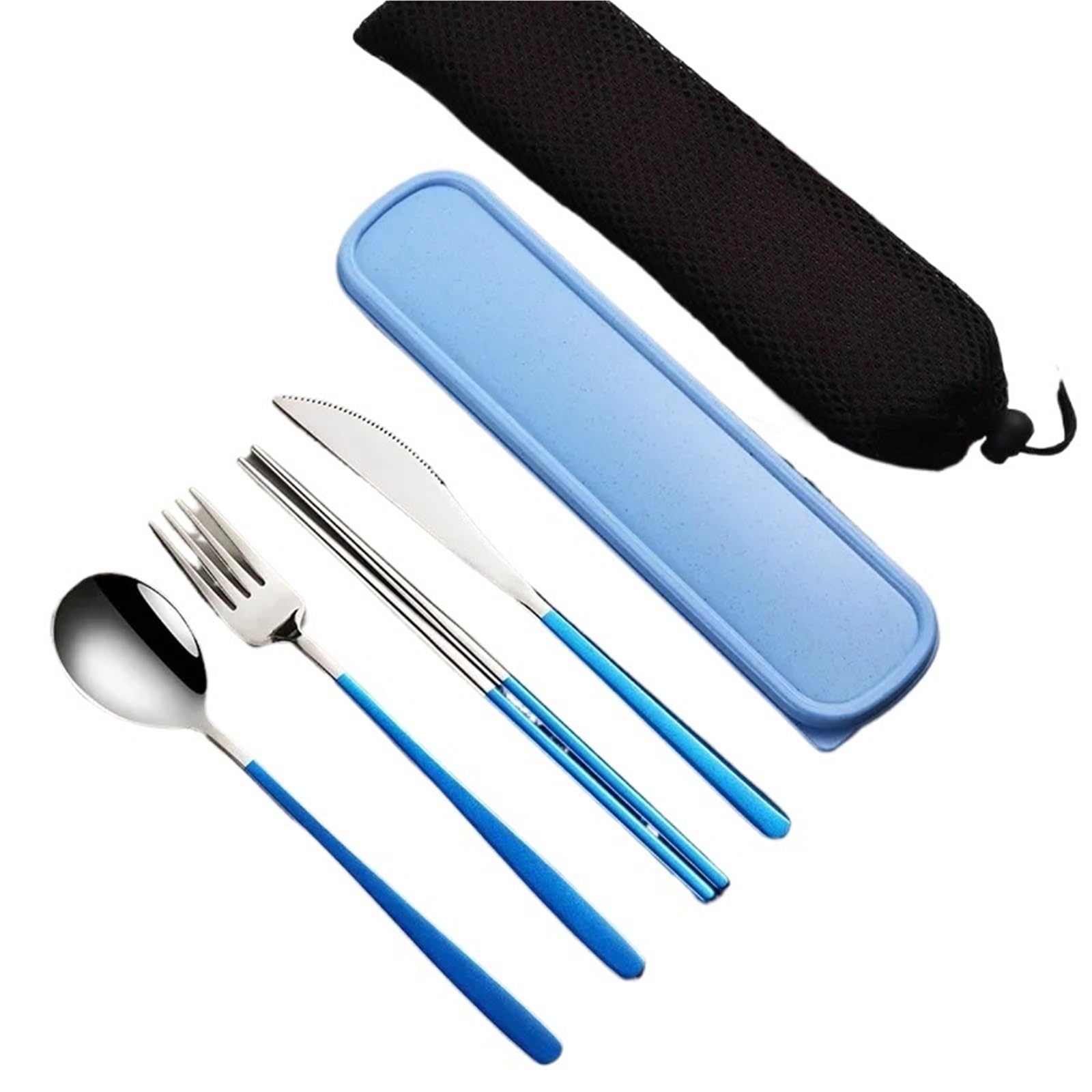 Juego de Cubiertos Juego de vajilla acero inoxidable, cubiertos portátiles, cuchillo, tenedor, cuchara, palillos(Silver-darkgreen)