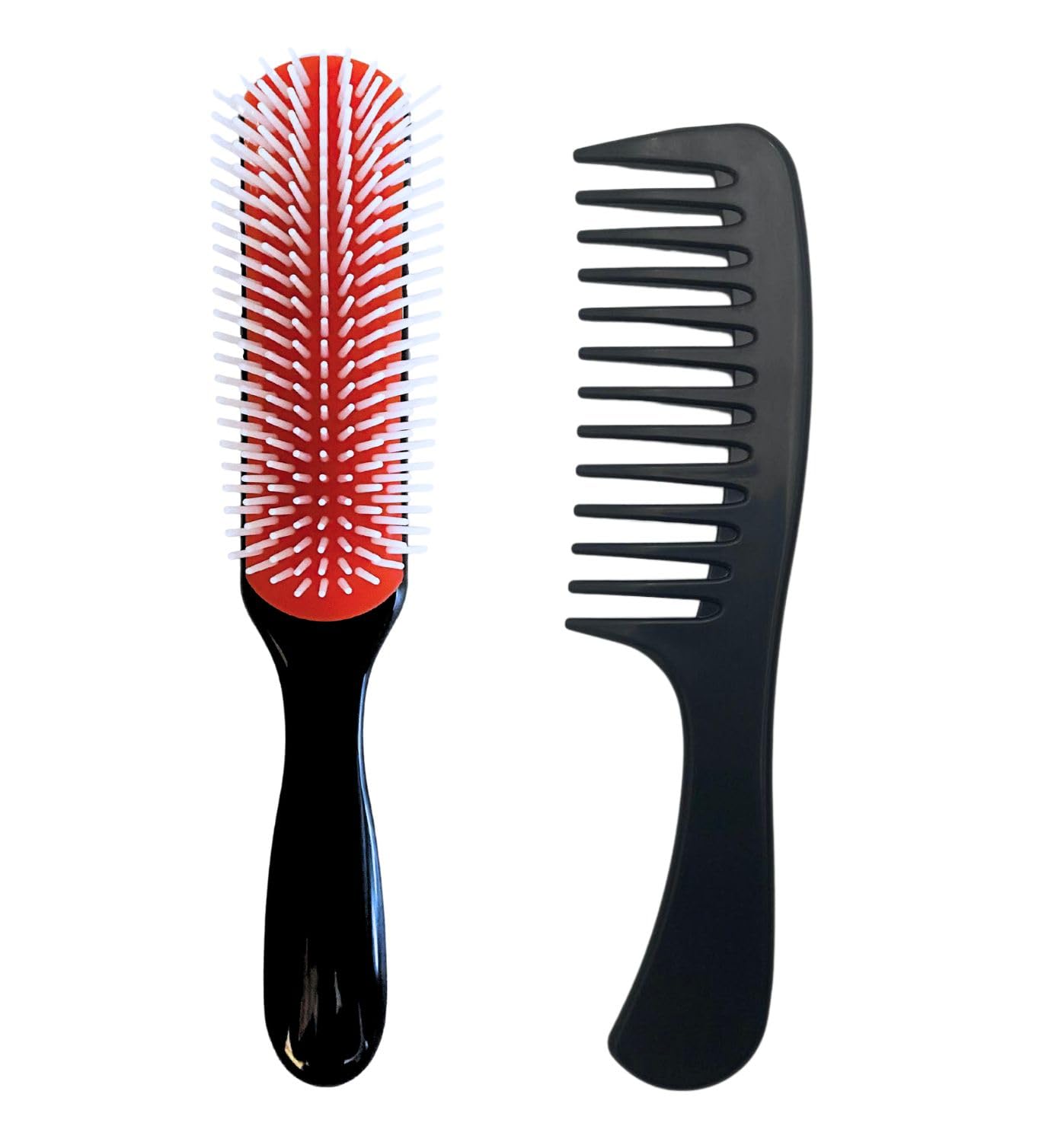 MDSTYLE Styling Hair Brush & Comb Set for Curly Wet or Dry Hair 9 Row Classic Brush for Detangling, Separating, Shaping and Blowdrying (Black Regular 1pc + Comb 1pc)