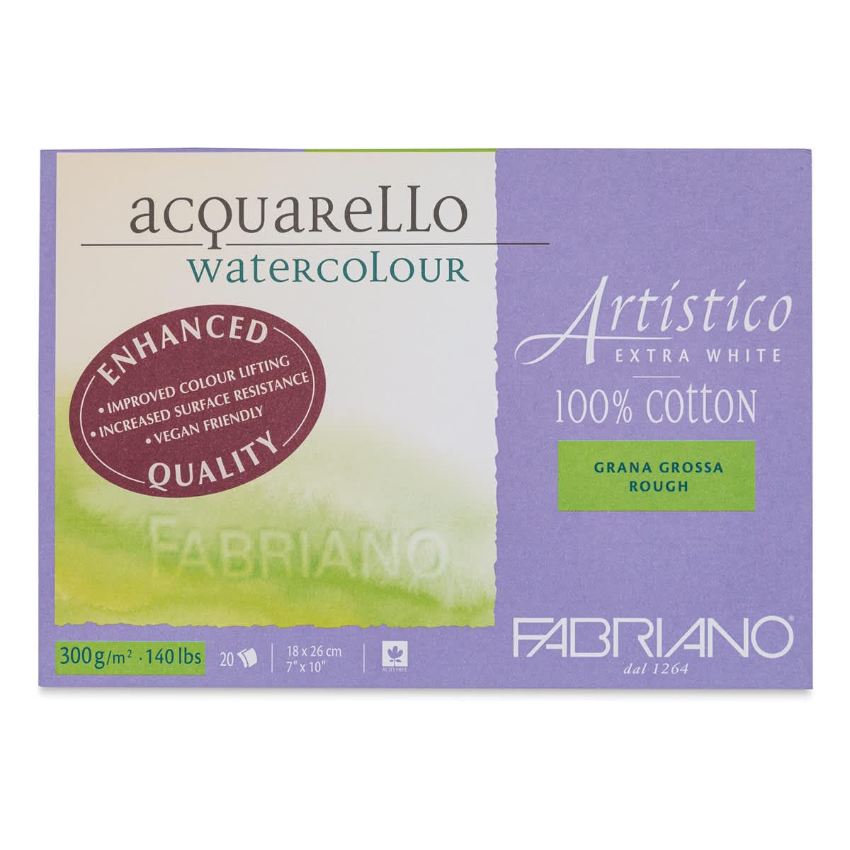 Fabriano Artistico Acquarello Watercolour, ekstra biały, gruboziarnisty, 18 x 26 cm, 20 arkuszy 300 g/m², wysokiej jakości karton akwarelowy, blok klejony na 4 stronach, wegański