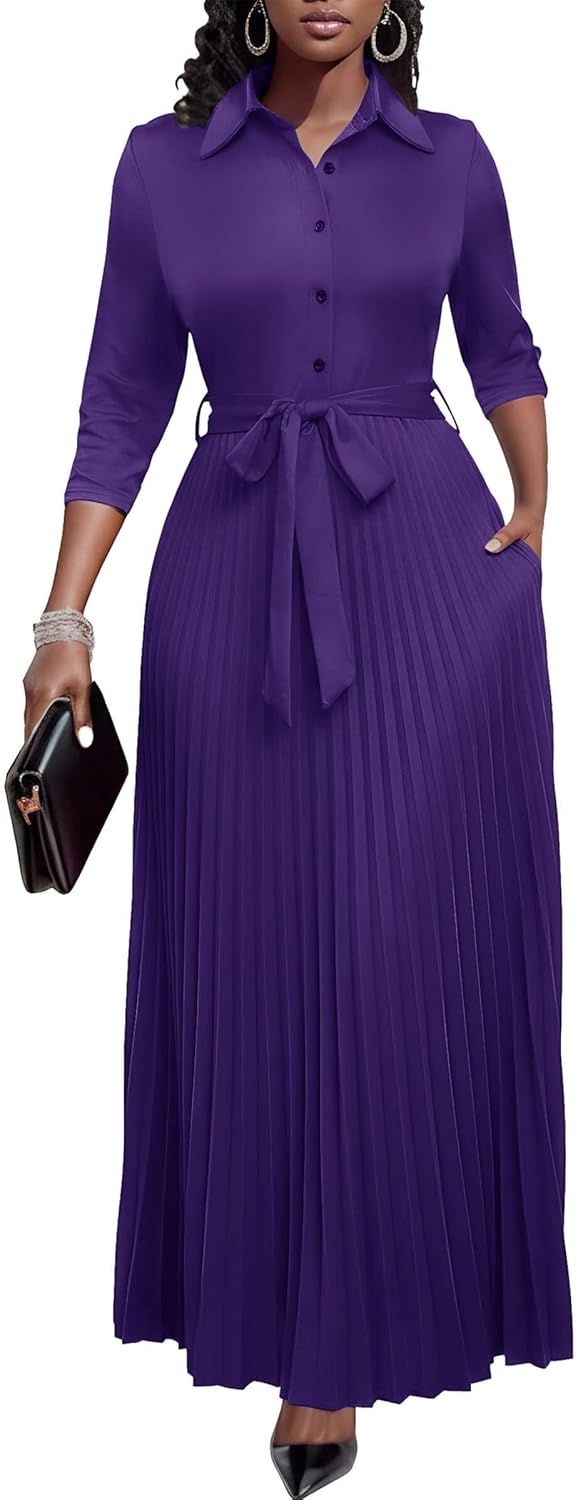 Runwind Maxi Dresses for Women, 3/4 Sleeve Botton Down Pleated Long Dress with Belt Casual Church Dress with Pockets