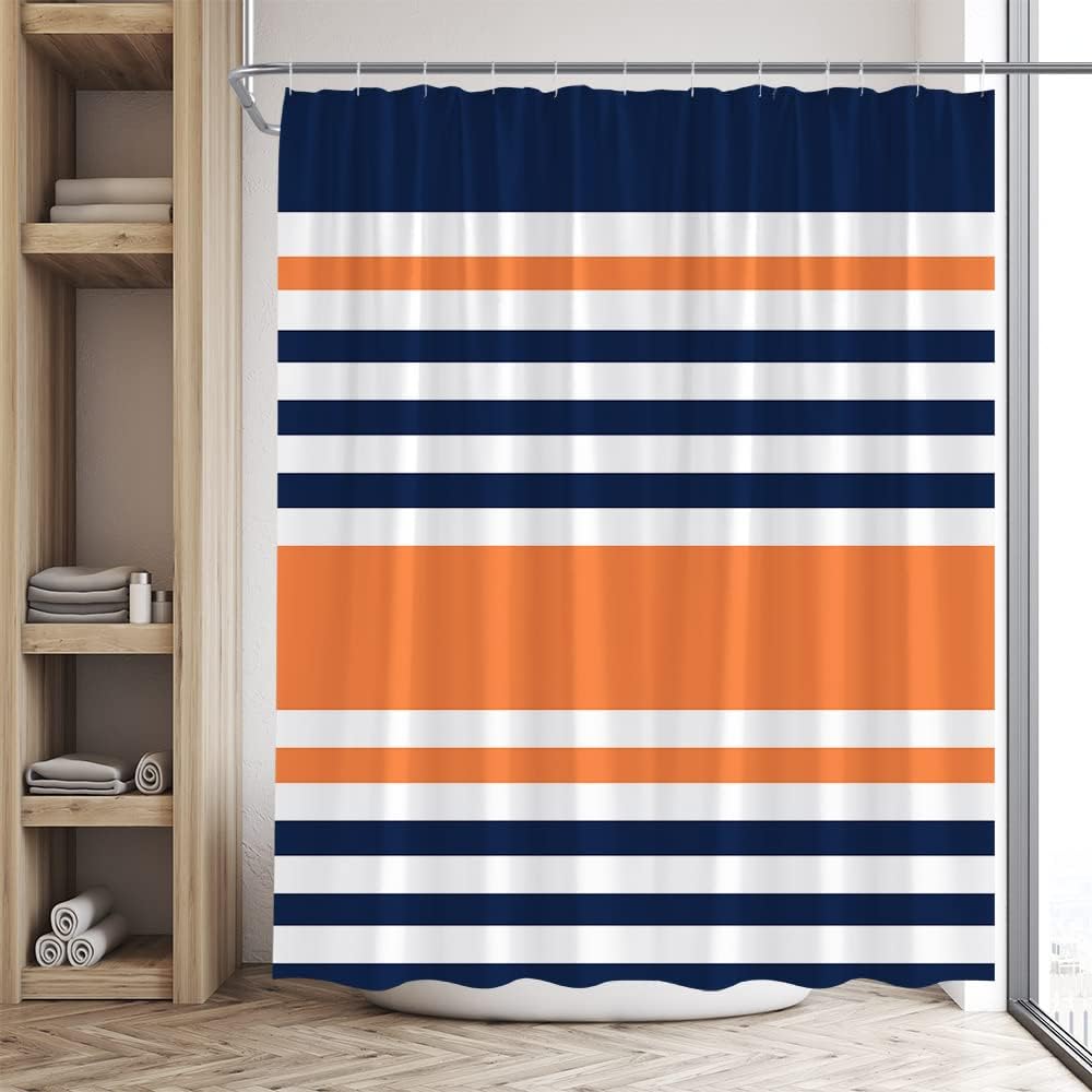 Navy Blue Orange Shower Curtain Abstract Geometric Stripe Modern Contemporary Simple Fashion Boho Mid Century Bathroom Set Bathtub Accessories Polyester Fabric with Hooks 90Wx70H Inch