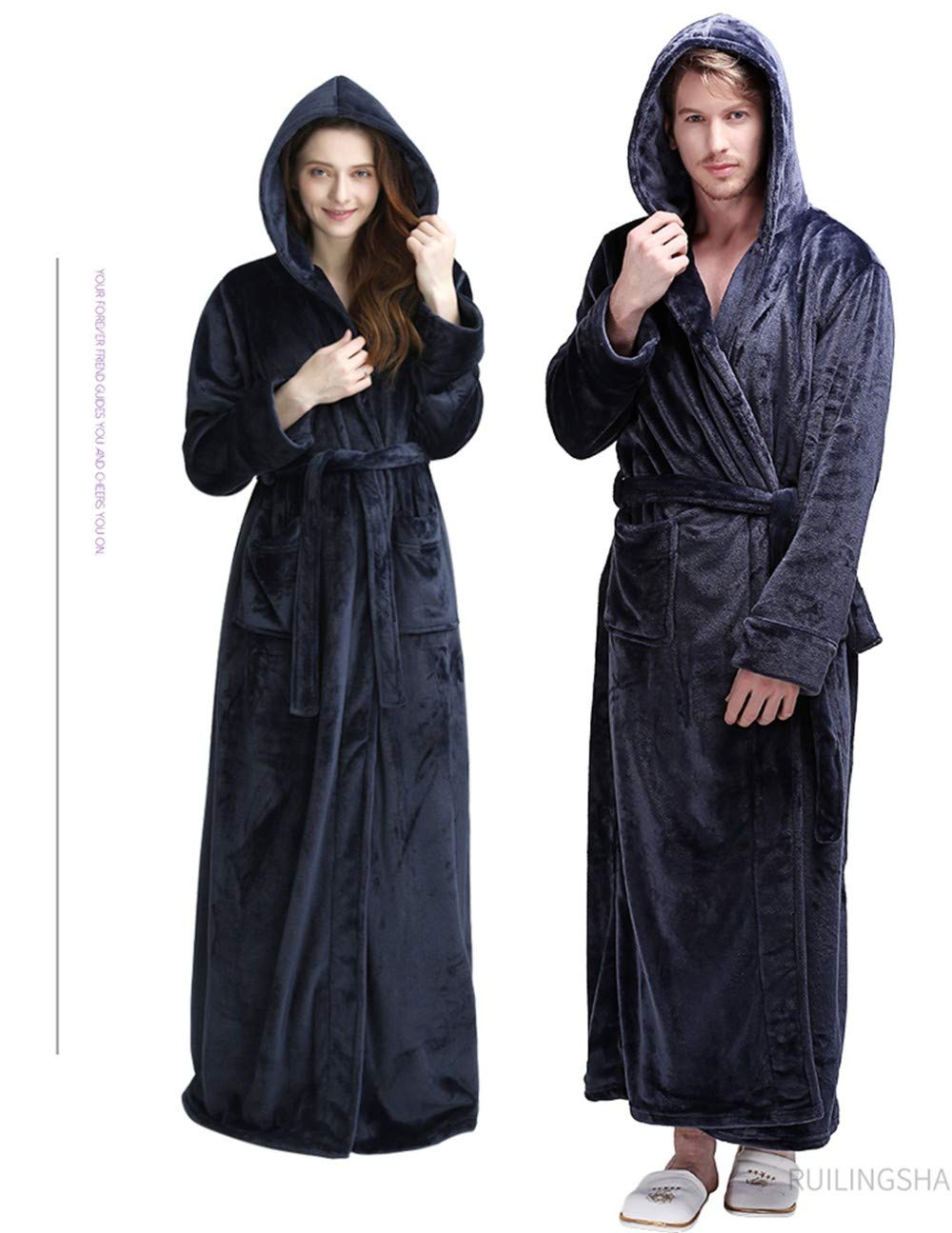 Peignoir d'hiver,À La Mode Hommes D’Hiver Hooded Extra Long Warm Bathrobe Luxe Épais Flanelle Pyjamas Doux Couple Sexy Confortable Marine Bleu Élégant Partie