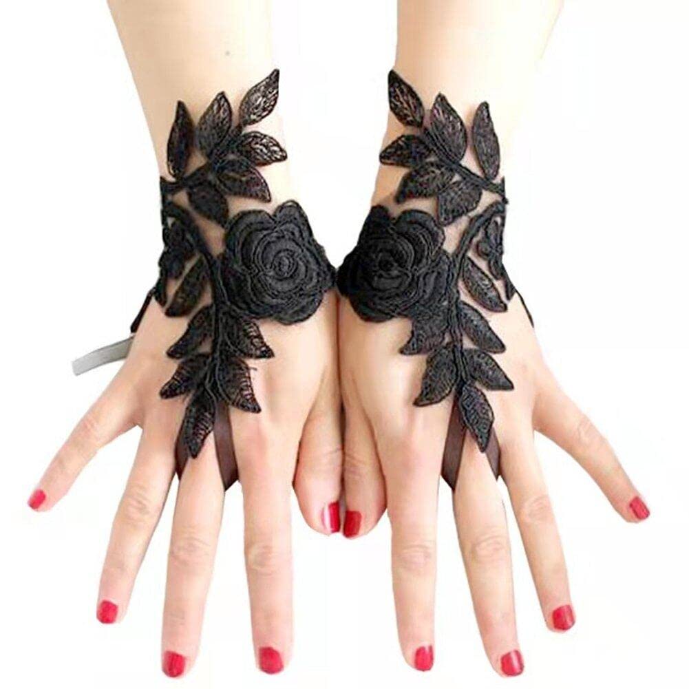 Casiler Women's Black Lace Short Gloves Flower Embroidered Fingerless Bridal Wrist Gloves For Opera Evening Wedding Tea Party Prom Cosplay Costume
