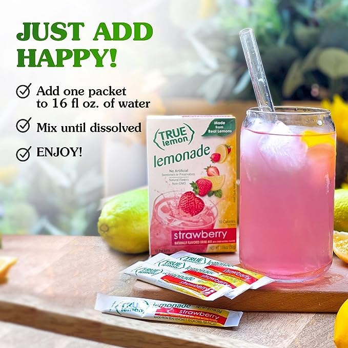 Miniatura 3 de TRUE LEMON - Mezcla de bebida de limonada de fresa, hecha de fresa real, sin conservantes, sin edulcorantes artificiales, sin gluten, paquete de 3