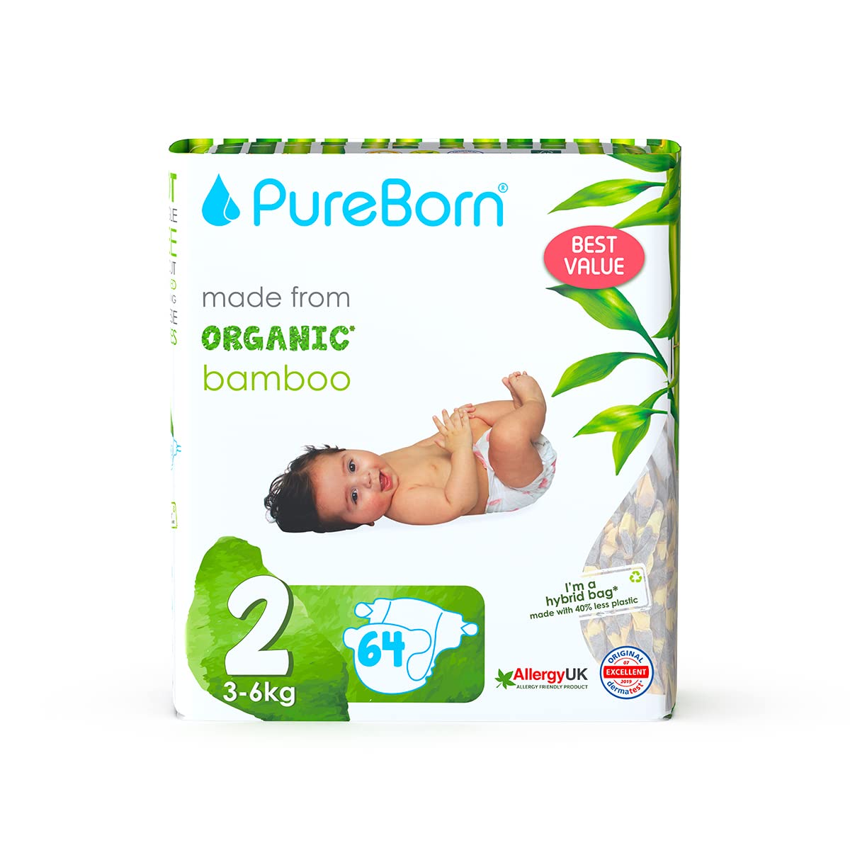 PureBorn Organic Disposable Baby Diapers I Super Soft I Maximum Leakage Protection I Made with Organic Bamboo I Double (Pack Of 64 Pcs), Size 2 (3-6 Kg), 1 count