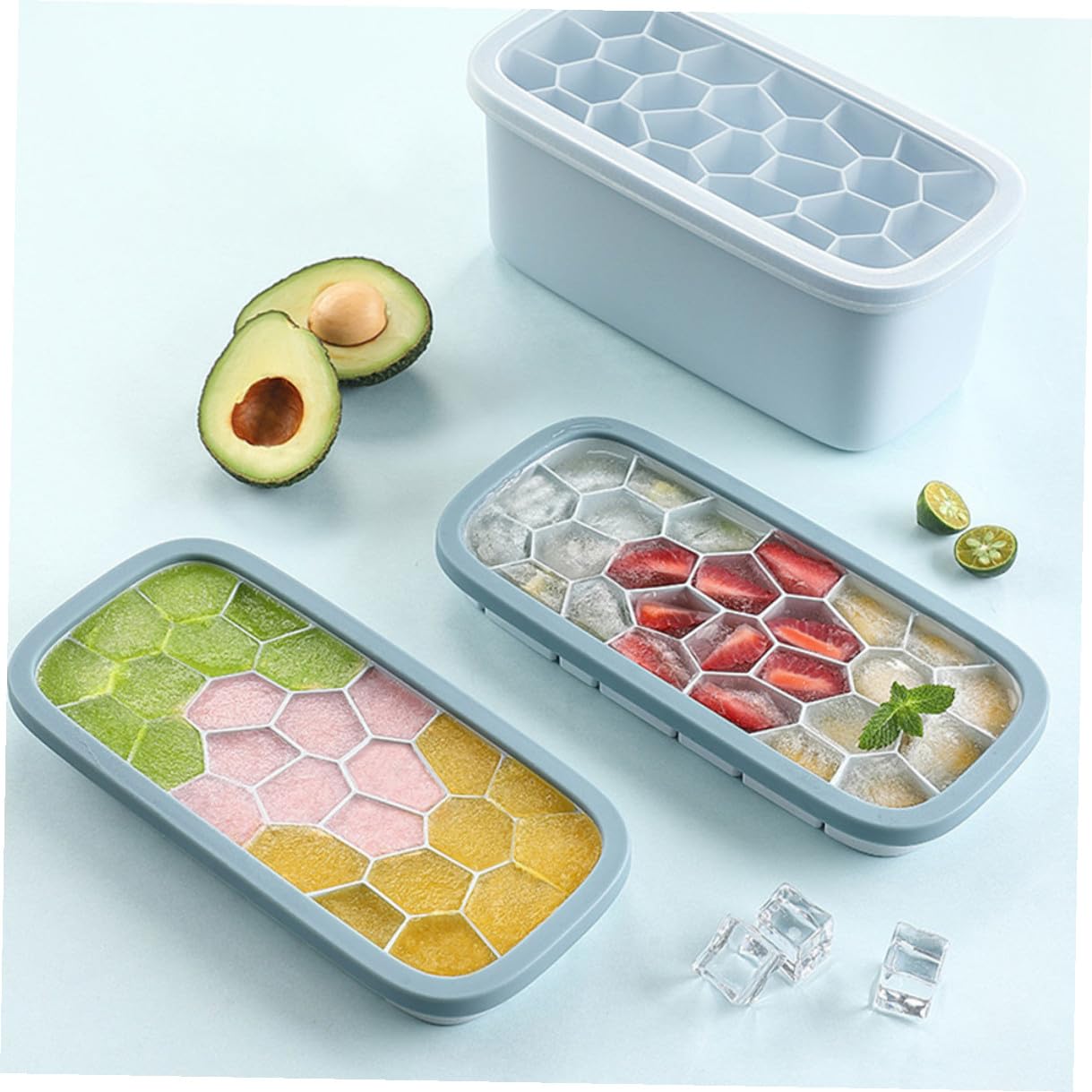 DOITOOL Moule à Glaçons en Silicone avec Couvercles, Forme Douce et Flexible, Couleur Bleu Nordique, Moule Réutilisable pour Glace Maison, la Cuisine,