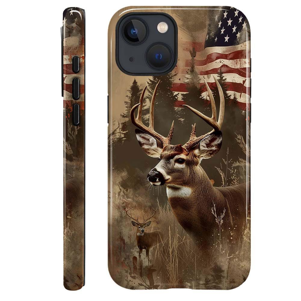 NONMY Compatible with iPhone 15 Case,Hybrid 2-Layer Hard Shell Silicone Protective Case - American Flag Forest Deer - Scratch Resistant Shockproof