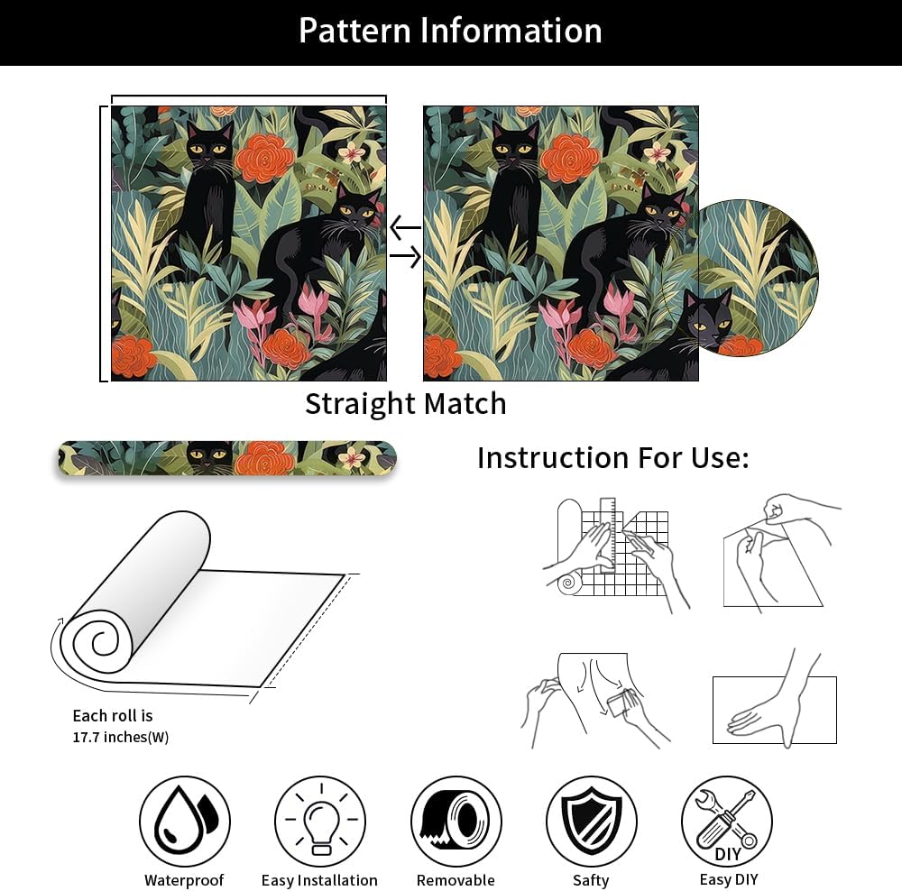 18"x236" Abstract Jungle Forest Black Cats Peel and Stick Self Adhesive Wallpaper Removable Contact Paper Stick on Easy Peel Off Wall Paper for Kitchen Bedroom Bathroom Renter