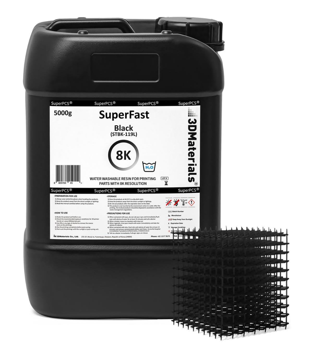 SuperFast 8K Drukarka 3D Żywica zmywalna wodą, druk 50um w 0,5 sek., wyprodukowana w Korei przez 3DMaterials (5000g, Czarny)