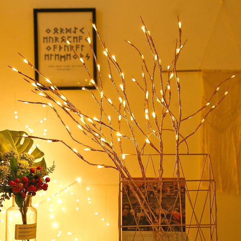 Image of DK177 4 Pack Led Branch Light Battery Operated Lighted Branch Vase Filler Willow Tree Artificial Little Twig Power Golden 30 Inch 20 LED for Home Romantic Decoration (Gold-Warm White)